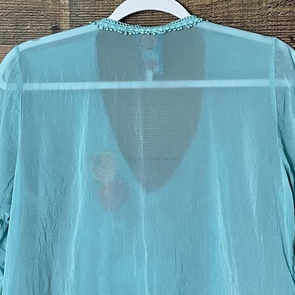 Johnny Was Sheer Tunic Top Aqua Blue Embroidered Eyelet Crop Sleeve SZ Small - Picture 8 of 10